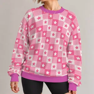 Pink Star Gingham Checks For Playful Everyday Casual Style All-over Print Knitted Sweater