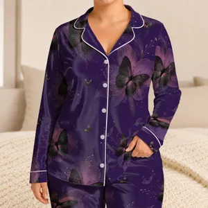 Deep Violet Butterfly Bloom Resort Lounge Wear For Romantic Evenings Women Gift Satin Pajamas Set