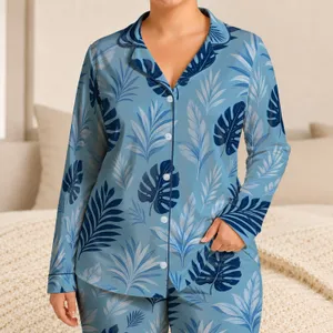 Coastal Blue Tropical Leaf Resort Style For Summer Vacation Women And Gift Giving Satin Pajamas Set