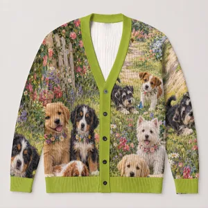 Impressionist Puppy Garden Scene For Spring Layering And Dog Lover Weekend Style All-over Print Knitted Cardigan