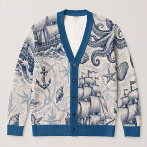 Nautical Sailing Ships And Octopus Ocean Motifs For Beach Days And Coastal Style All-over Print Knitted Cardigan