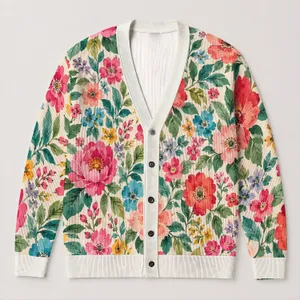 Vibrant Watercolor Wildflower Blooms for Everyday Layering and Garden Gathering Style All-over Print Knitted Cardigan