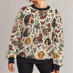 Gothic Skull, Rose And Butterfly Motifs For Alternative Fashion And Everyday Wear All-over Print Knitted Sweater