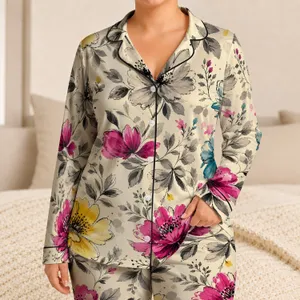 Hand Painted Floral Ink Blossom For Cozy Home Evenings And Gifting Women Collectors Satin Pajamas Set