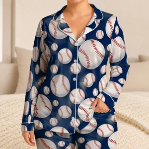 Navy Baseball All Over Summer Lounge Look For Sports Fans And Cozy Gift Giving Fun Satin Pajamas Set