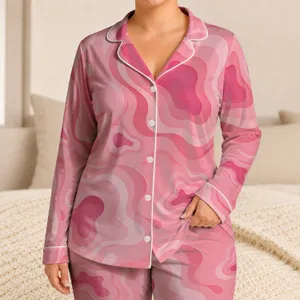 Bubblegum Pink Wave Motifs for Cozy Home Nights and Giftable Women's Lounge Style Satin Pajamas Set