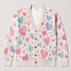 Pastel Heart Motifs for Romantic Beach Dates and Everyday Layering in Plus Size Style All-over Print Knitted Cardigan