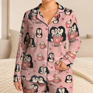 Penguin Cocoa Friends Cozy Winter Holiday Lounge Gift For Women And Teens At Home Satin Pajamas Set