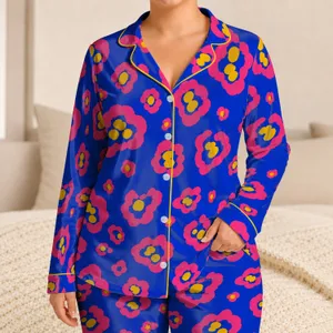 Cobalt Blue Magenta Leopard Spots Cozy Daily Bedtime Comfort Gift For Women And Teens Satin Pajamas Set