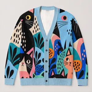 Retro Cat Motif For Beach Getaways And Casual Summer Layering For Plus Size Women All-over Print Knitted Cardigan