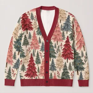 Christmas Tree Holiday Layering Gift Idea for Women, Cozy Festive Winter Weekend Style All-over Print Knitted Cardigan