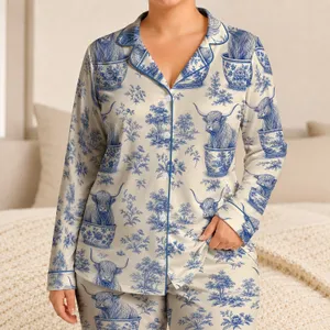 Blue Highland Cow Planters for Cozy Lounging, Scottish Farmhouse Style, Women’s Gift Satin Pajamas Set