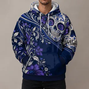 Navy Sugar Skull And Violet Florals For Day Of The Dead And Gothic Folk Art Fans All-over Print Hoodie (Lightweight)