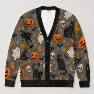 Halloween Pumpkin Cat Ghost and Witch Hat Motifs for Fall Party Outfits All-over Print Knitted Cardigan