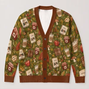 Autumn Coffee Books And Apples For Cozy Reading Days And Everyday Fall Layering All-over Print Knitted Cardigan