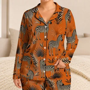 Burnt Orange Zebra and Palm Leaf Motifs for Cozy Nighttime Lounging, Safari Fans Satin Pajamas Set