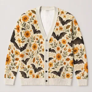 Bats And Golden Daisies For Cozy Autumn Cottagecore Halloween Season All-over Print Knitted Cardigan