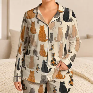 Rear-View Cat Family Sleepwear For Cozy Nights, Lounging And Family Gatherings Together Satin Pajamas Set