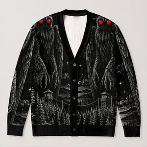 Mothman Forest Watchtower Night Scene for Gothic Everyday Layering All-over Print Knitted Cardigan