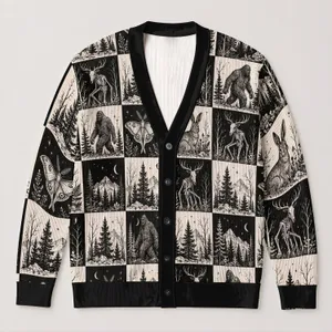 Cryptid Checkerboard Woodland Sketches for Halloween and Everyday Fall Layering All-over Print Knitted Cardigan