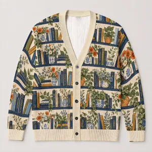 Vintage Bookshelf Blooms for Cozy Autumn Reading Days and Quiet Library Lovers All-over Print Knitted Cardigan