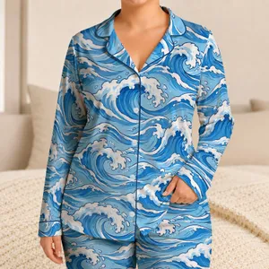 Blue Ocean Waves for Calm Coastal Evenings and Relaxed At-Home Lounging for Women Satin Pajamas Set