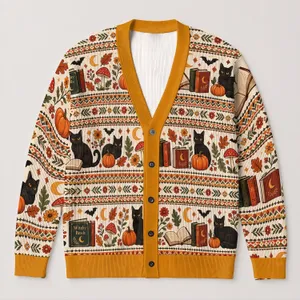 Halloween Books, Black Cats & Pumpkins for Cozy Autumn Reading and Seasonal Layering All-over Print Knitted Cardigan