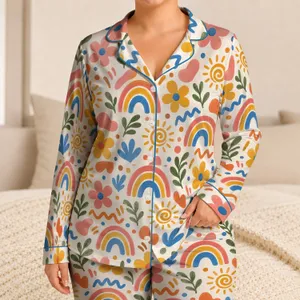 Rainbow Floral Doodles for Cheerful Weekend Lounging and Cozy Evenings at Home Satin Pajamas Set