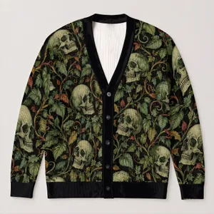 Gothic Green Skull And Twisted Vine Foliage For Halloween And Everyday Layering All-over Print Knitted Cardigan