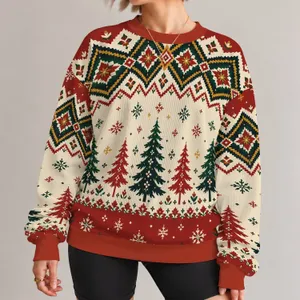 Red And Cream Evergreen Forest With Nordic Snowflakes For Cozy Holiday Gatherings All-over Print Knitted Sweater