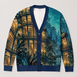 Starry Glass Dome Library and Botanical Silhouettes for Dreamy Evening Reading Style All-over Print Knitted Cardigan