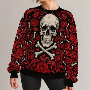 Gothic Skull and Crimson Roses for Alternative Everyday Style and Halloween Wear All-over Print Knitted Sweater