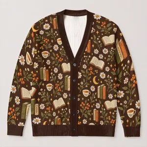Moonlit Books, Daisies & Tea for Cozy Cottagecore Reading Days and Bookish Teens All-over Print Knitted Cardigan