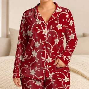 Red Beaded Vine and White Daisy Motifs for Cozy Evenings and Relaxed Homewear Satin Pajamas Set