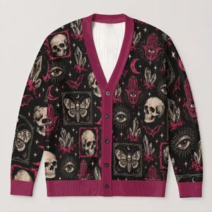 Skull Moth Moon Hamsa Eye Halloween Style for Witchy Autumn Evenings All-over Print Knitted Cardigan