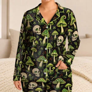 Whimsical Mushroom And Skull Motifs For Cozy Autumn Evenings And Gothic Cottage Style Satin Pajamas Set