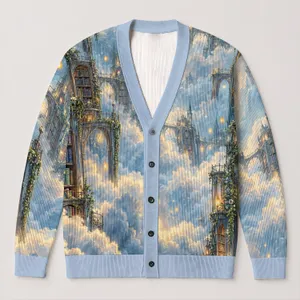 Dreamy Floating Bookshelf Cloud Library for Cozy Reading Days and Fantasy Lovers All-over Print Knitted Cardigan