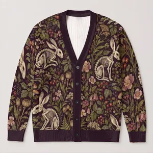 Rabbit Skeletons and Wildflowers for Eerie Autumn Layering and Woodland Wandering All-over Print Knitted Cardigan