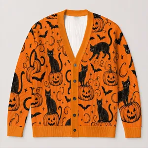 Black Cat and Jack-O’-Lantern Halloween Nightwear for Teen Autumn Halloween Parties All-over Print Knitted Cardigan
