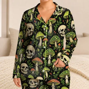 Neon Mushroom And Skull Motifs For Dark Cottagecore Lounge Nights And Halloween Gifts Satin Pajamas Set