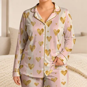 Pink Stripes and Golden Hearts for Cozy Valentine Evenings and Romantic Lounging Satin Pajamas Set