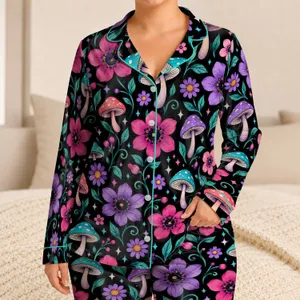Neon Floral Mushroom Blooms for Cozy Evenings and Whimsical Lounging Satin Pajamas Set