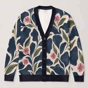 Navy Floral And Olive Botanical Motifs For Cozy Autumn Layering, Women's Style All-over Print Knitted Cardigan
