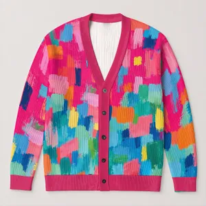 Colorful Abstract Brushstroke Shapes for Creative Everyday Layering and Casual Style All-over Print Knitted Cardigan