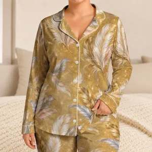 Golden Feather Sparkle Motif for Glamorous Lounging and Relaxed Evenings Satin Pajamas Set