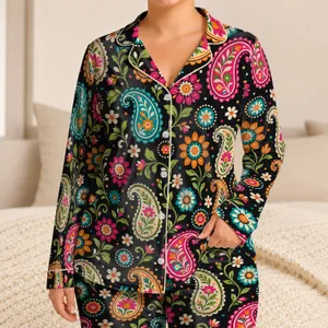 Vibrant Paisley Flowers for Cozy Weekend Lounging and Festive Gift Giving at Home Satin Pajamas Set