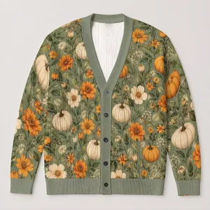 Autumn Pumpkins and Marigold Blooms for Cozy Seasonal Layering Women’s Fall Style All-over Print Knitted Cardigan