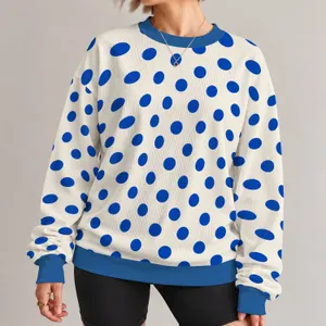 Ivory And Cobalt Blue Polka Dots For French Retro Casual Spring Summer Style All-over Print Knitted Sweater