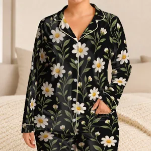 White Daisy And Golden Center Botanicals For Relaxed Weekend Lounging Satin Pajamas Set