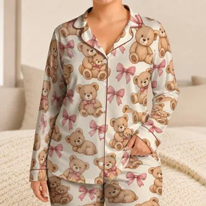 Teddy Bear And Pink Bow Motif For Cozy Spring And Autumn Lounging Satin Pajamas Set